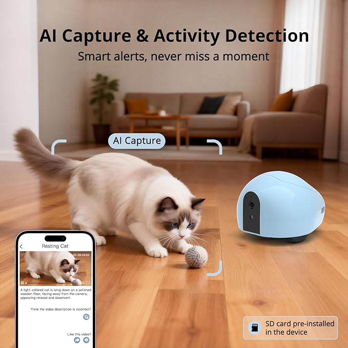 Pet Camera Robot with Treat Dispenser & Laser Toy, Motion Detection, HD Video, Night Vision, 2-Way Audio, Mobile Feeder for Cats & Dogs, App Control & Auto, AI Push with Subscription