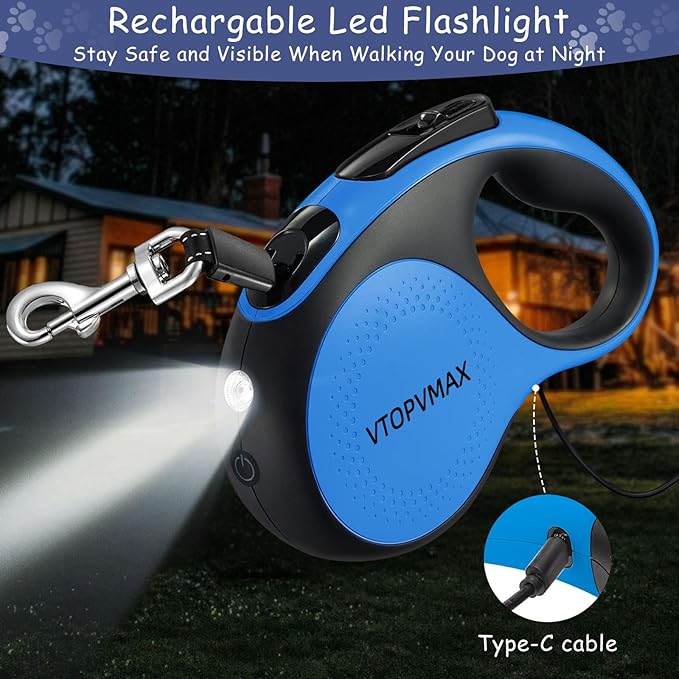 16Ft Retractable Dog Leash - for Small to Medium Dogs Up to 66lbs, Heavy Duty Retractable Leash with Light Rechargeable, Quick Lock Braking & Non-Slip Handle (Blue)