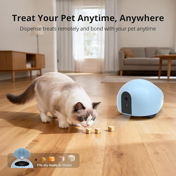 Pet Camera Robot with Treat Dispenser & Laser Toy, Motion Detection, HD Video, Night Vision, 2-Way Audio, Mobile Feeder for Cats & Dogs, App Control & Auto, AI Push with Subscription