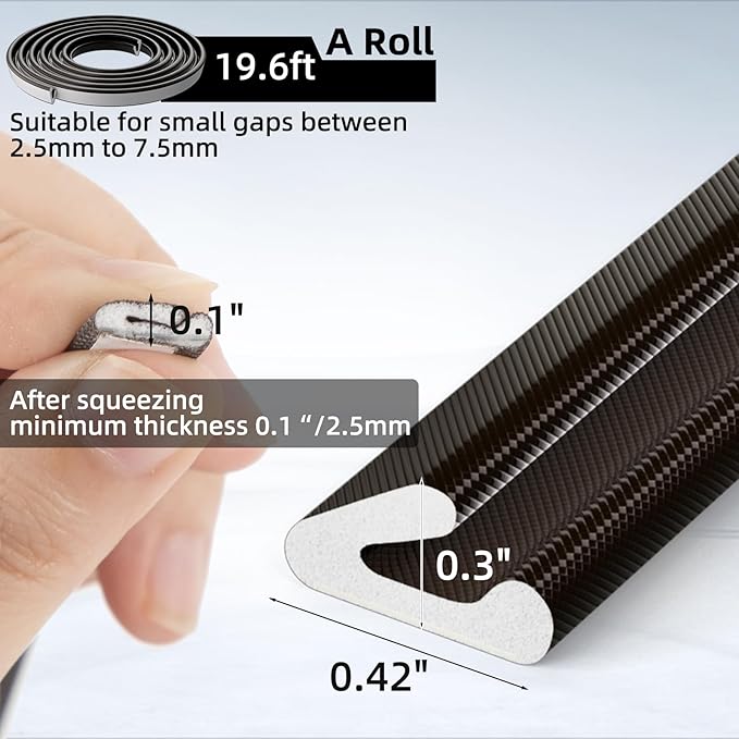 1 Pack*19.6 Ft Self-Adhesive V Shape Foam Window Weather Stripping Door Seal Insulation Strip for Winter, Soundproof Exterior Front Frame Gap Filler, Draft Stopper Tape Noise Light Blocker (Black)