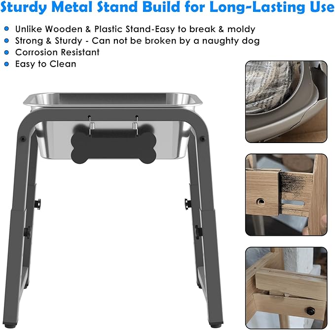 1.2 Gallon Elevated Dog Water Bowl, Height Adjustable (11–17'') Raised Stainless Steel Bowl with Spill-Proof Mat & Sturdy Metal Stand, Tip-Proof, Easy to Clean, Indoor & Outdoor Use