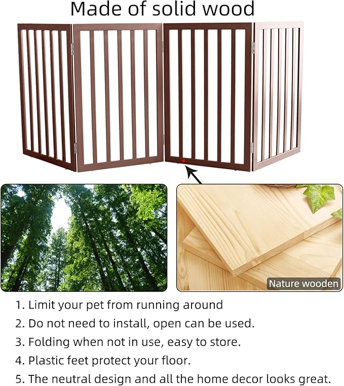 ZJSF Freestanding Indoor Dog Gate for House Foldable Wood Brown Puppy Gate for Doorways Pet Gate for Stairs Extra Wide Pet Fence 32" Height 4 Panels