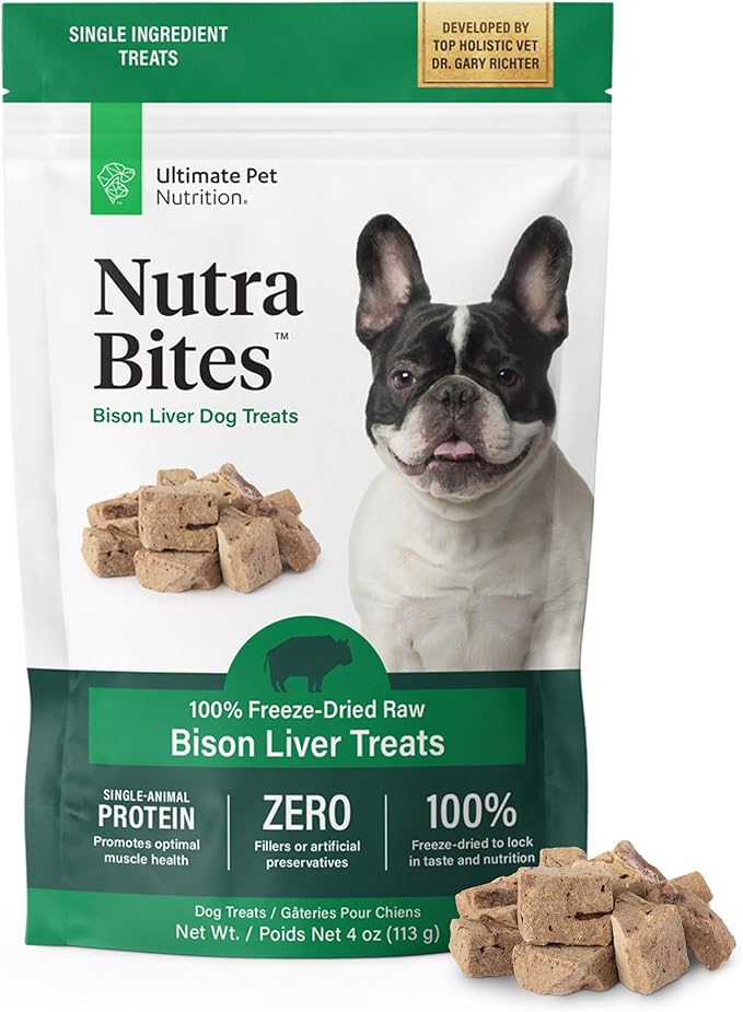 ULTIMATE PET NUTRITION Nutra Bites Freeze Dried Raw Single Ingredient Training Treats Food Topper for Dogs, 4 Ounces, Bison Liver
