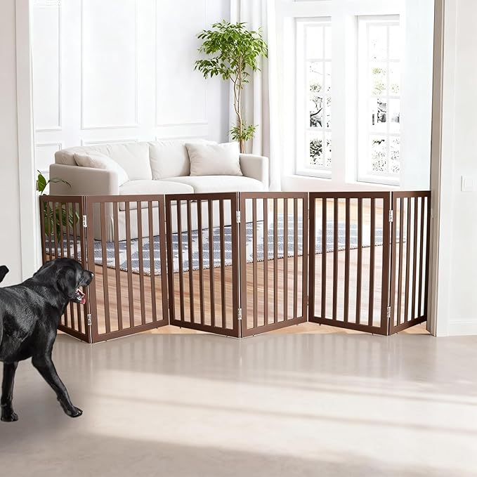 ZJSF Freestanding Indoor Dog Gate for House Foldable Wood Brown Puppy Gate for Doorways Pet Gate for Stairs Extra Wide Pet Fence 32" Height 6 Panels