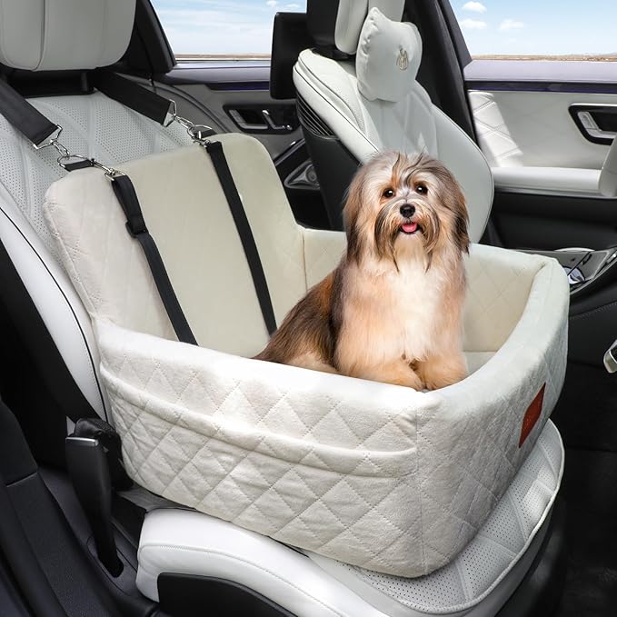 Dog Car Seat for Under 30lbs Dogs,Comfy Febric Fill in Memory Foam,Washable and Detachable Pet Travel Car Bed,Anti-Slip Bottom,2 Safety Leashes & Storage Pockets(Beige)