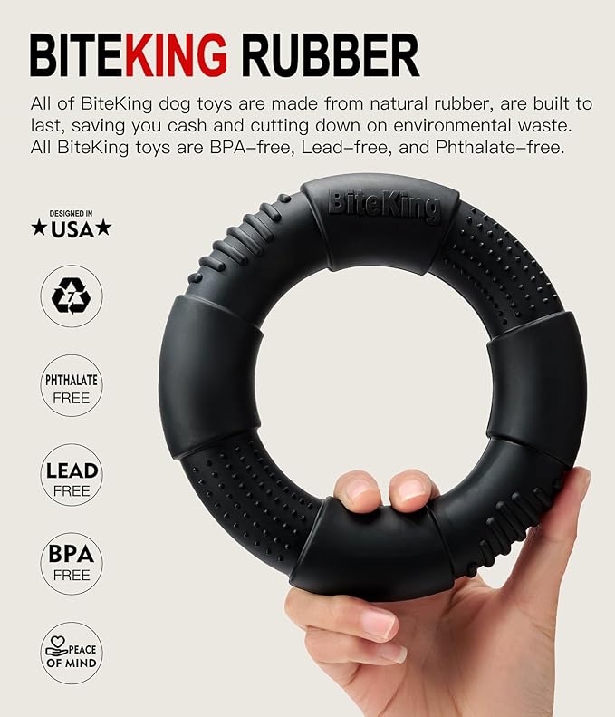 Natural Rubber Dog Ring Toy for Large Aggressive Chewers - Lifetime Replacement - Indestructible Tug Fetch Toy for Large Breed - Durable Tough Dog Chew Toy for Super Chewer, Black