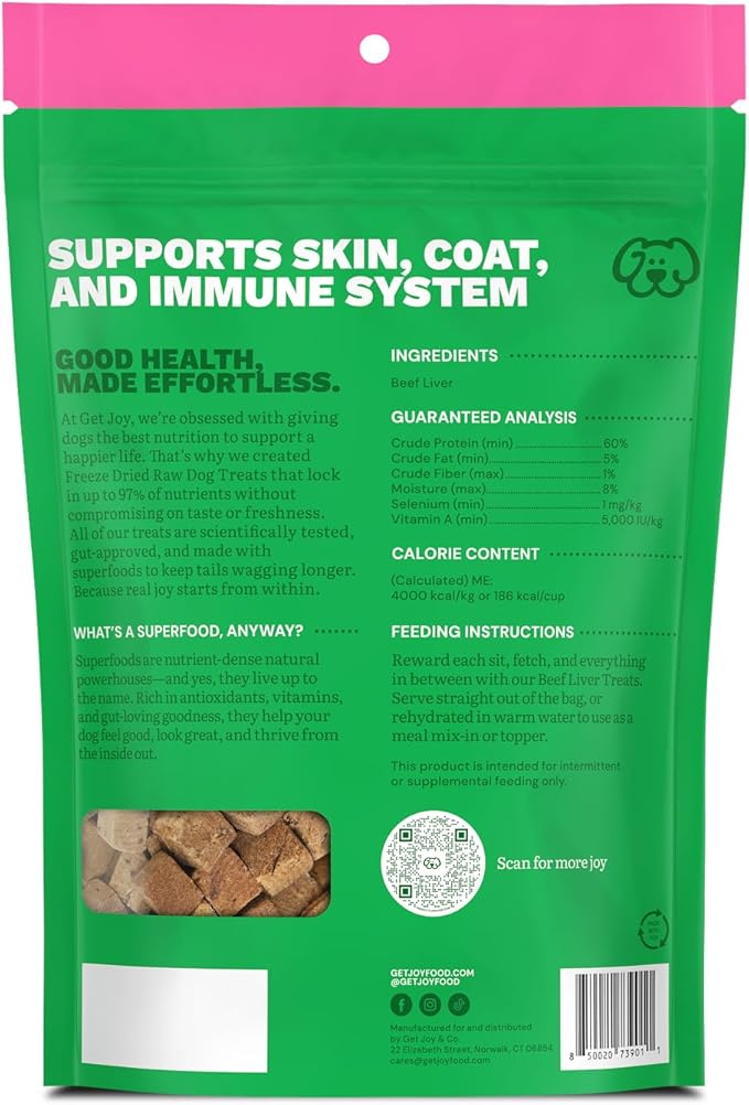 Get Joy Freeze Dried 100% Beef Liver Dog Treats, 4oz | Single Ingredient Organ Meat, High Protein Raw Dog Food Topper, Snack & Training Rewards | Grain Free, Gluten Free, Filler Free