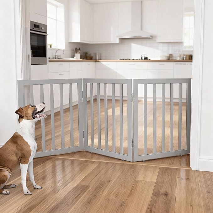 ZJSF Freestanding Indoor Dog Gate for House Foldable Wood Grey Puppy Gate for Doorways Pet Gate for Stairs Extra Wide Pet Fence 24" Height 3 Panels