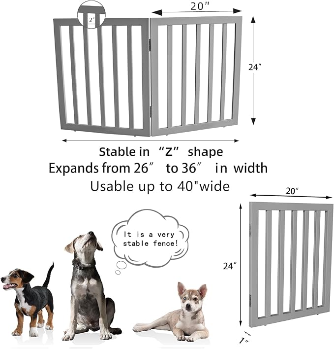 ZJSF Freestanding Indoor Dog Gate for House Foldable Wood Grey Puppy Gate for Doorways Pet Gate for Stairs Extra Wide Pet Fence 24" Height 2 Panels