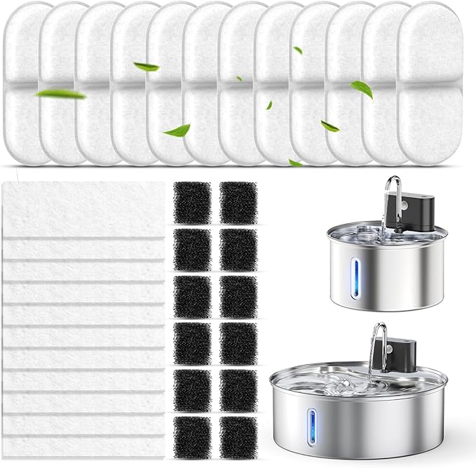 Cat Water Fountain Filter Replacement,36 Pcs(12 Carbon+ 12 Sponge+ 12 Cotton) for Pets Automatic Water Dispenser for Dogs, Compatible with 2.2L/3L/3.2L/3.5L/12L Stainless Steel Cat Fountains