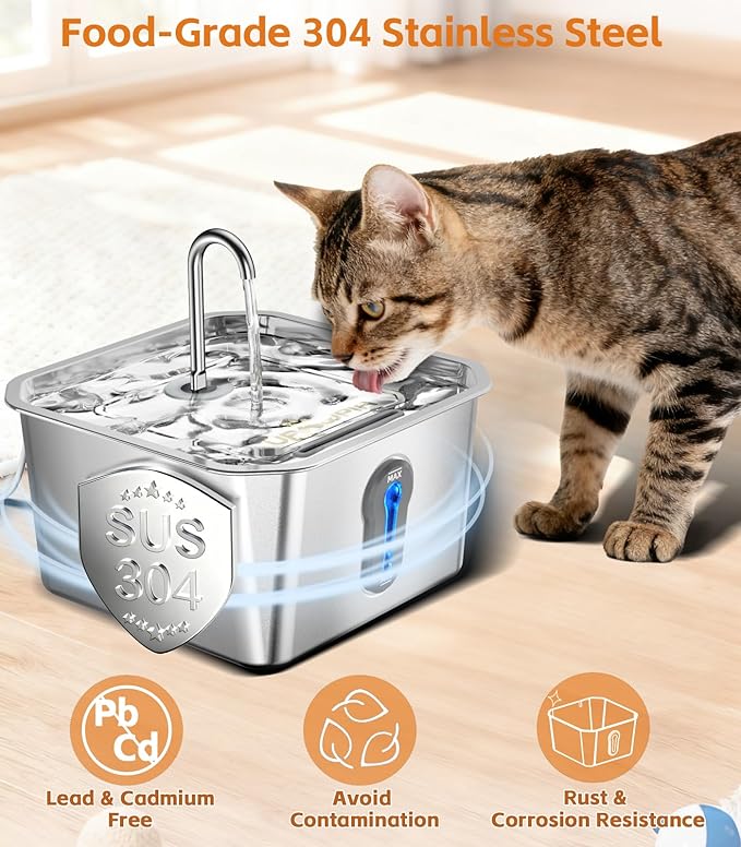 4L Large Capacity Cat Water Fountain Stainless Steel with 3 Filters Pet Water Fountain for Drinking Watering Supplies Pets Dog Small Animal Automatic Cat Water Dispenser for Cats Quiet Indoor