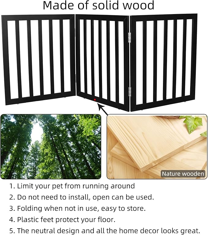 ZJSF Freestanding Indoor Dog Gate for House Foldable Wood Black Puppy Gate for Doorways Pet Gate for Stairs Extra Wide Pet Fence 24" Height 3 Panels
