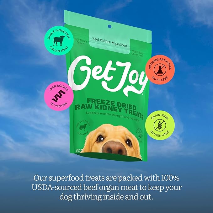 Get Joy Freeze Dried 100% Beef Kidney Dog Treats, 16oz | Single Ingredient Organ Meat, High Protein Raw Dog Food Topper, Snack & Training Rewards | Grain Free, Gluten Free, Filler Free