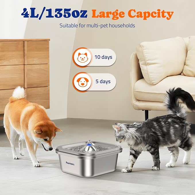 Cat Water Fountain Stainless Steel: 4L/140oz Pet Fountain Water Bowl Indoor, Automatic Dog Drinking Dispenser, Cat Feeding Watering Supplies, Metal Kitty Waterer Fountain, 6 Replacement Filters