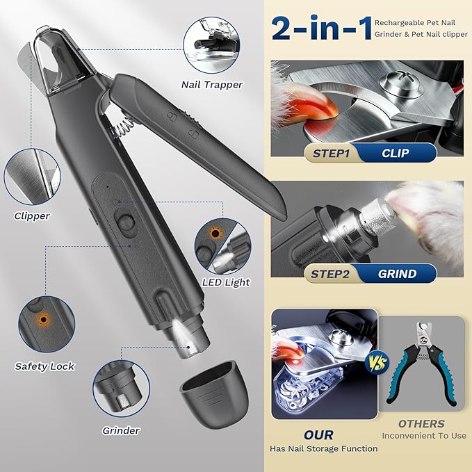 2-in-1 Dog & Cat Nail Clipper with Grinder - Dual Highlight LED Reduce Over-Trimming, Long Battery Cordless USB-C Rechargeable, Safety Lock & Catcher Cap, Quiet Home Grooming for Small Large Pets