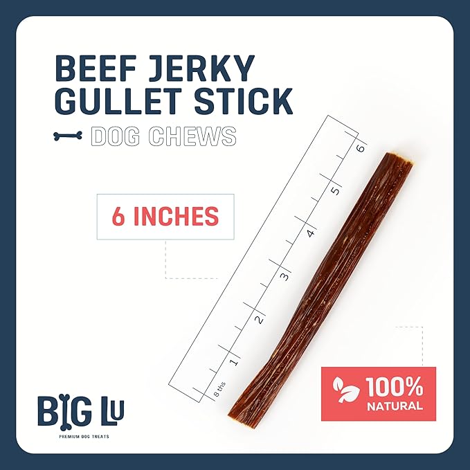Big Lu - 6-Inch Beef Jerky Sticks for Dogs, 6 Count, All-Natural Beef Gullet, Grass-Fed Jerky Chews, Fully Digestible, High-Protein Treats with Glucosamine and Chondroitin for Joint Health