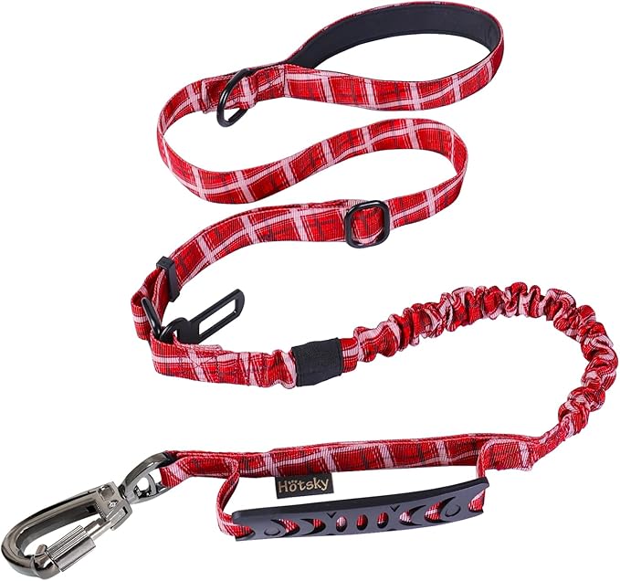 Hotsky Tactical Dog Leash Heavy Duty for Medium Large Dogs That Pull,4-6Ft Strong Bungee Shock Absorbing No Pull Dog Leash with Padded Double Handle and Car Seatbelt,Redplaid