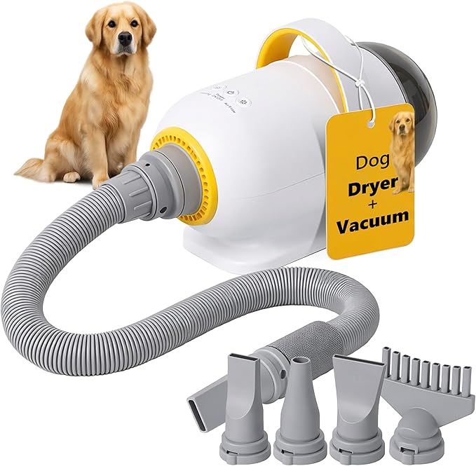 Dog Dryer & Vacuum (2 in 1) - 5.09HP/3800W High Velocity pet Dryer, Control Speed & Temperature, Low Noise Pet Dryer & Dog Grooming Vacuum for Shedding with 4 Nozzles for Home Pet Grooming