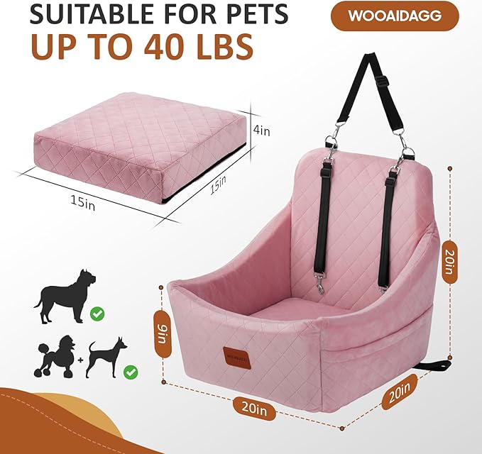 Dog Car Seat for Medium Dogs, Pet Travel Bed with Seat Belt Channel, Fully Detachable and Washable, 3 Straps Easy to Install (Pink)