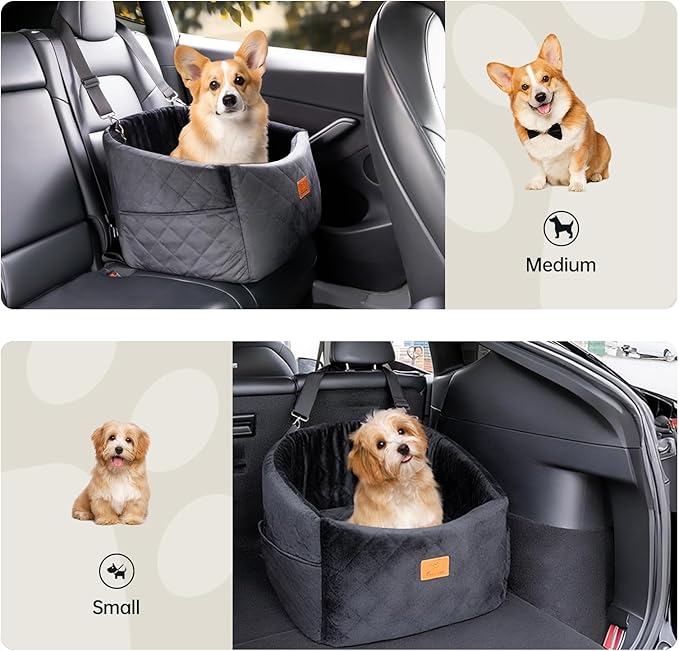 Dog Car Seat for Small Dogs, Memory Foam Dog Booster Car Seats with Thick Cushion for Dogs Under 30lbs, Detachable Washable Pet Travel Bed with Storage Pockets and 2 Safety Belt