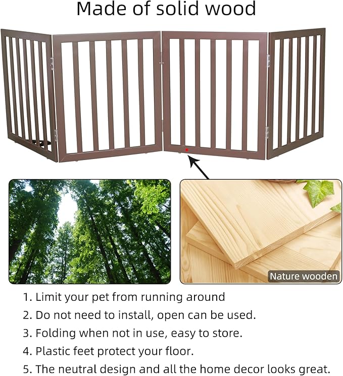 ZJSF Freestanding Indoor Dog Gate for House Foldable Wood Brown Puppy Gate for Doorways Pet Gate for Stairs Extra Wide Pet Fence 24" Height 4 Panels