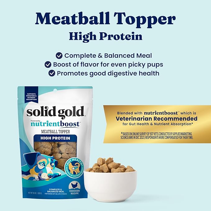 Solid Gold Meatball Dog Food Toppers for Dry Food - High Protein Chicken Meatball Topper for Dogs - Complete Meal, Meal Mix in or Soft Dog Treats - Gut Support - 3 Pack *Refrigerate After Opening*