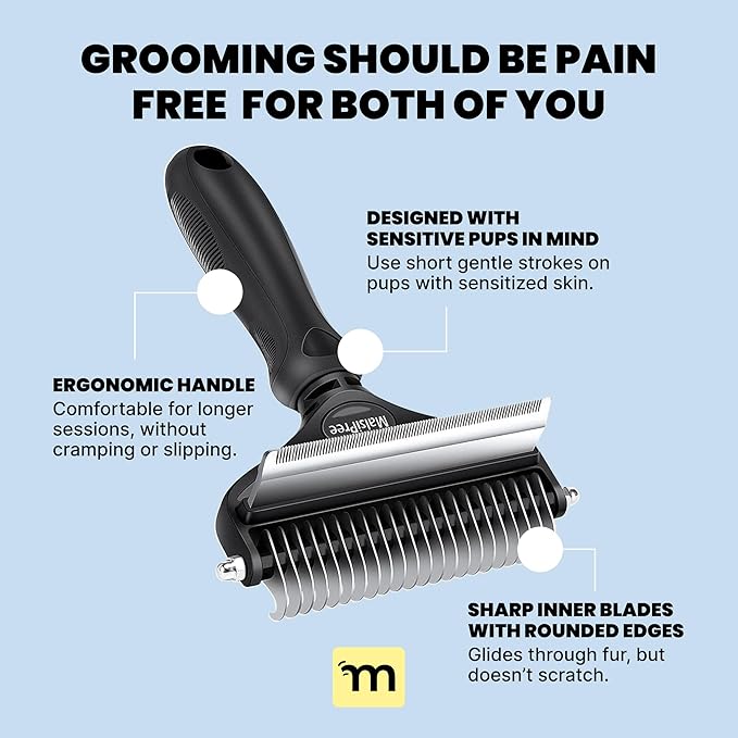 MalsiPree Dog Brush - Large, Black - 2-in-1 Undercoat Rake & Dematting Rake - Shedding Brush & Deshedding Tool for medium to Large Double-Coated Dogs & Cats