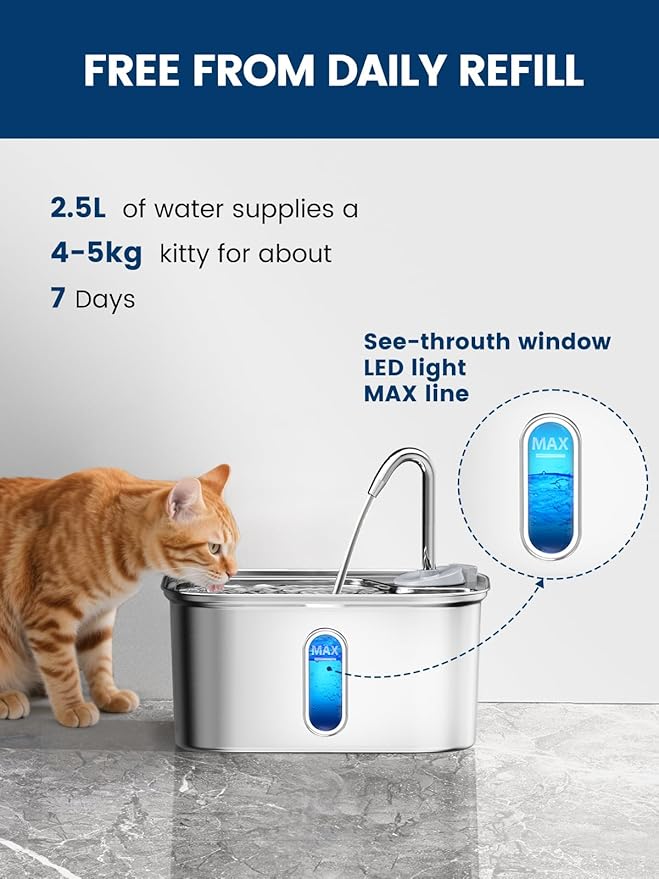 Cat Water Fountain Stainless Steel for Cats Indoor by BPA-Free SUS304, Effective 6-Layer Filter Cat Fountains for Drinking 2.5L 85oz 20dB Ultra Quiet Soft Flow Metal Pet Water Fountain