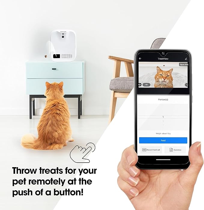 Closer Pets TreatView Pet Indoor Security Camera with Phone App (iOS/Android Compatible), with Night Vision and Built-in Treat Dispenser