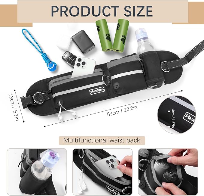 Hands-Free Waist Leash with Pouch for Two Dogs: Reflective Stitching, Dual Handle & Bungee Retractable Design – Ideal for Medium to Large Dogs (Grey) – Dog Walking Accessories