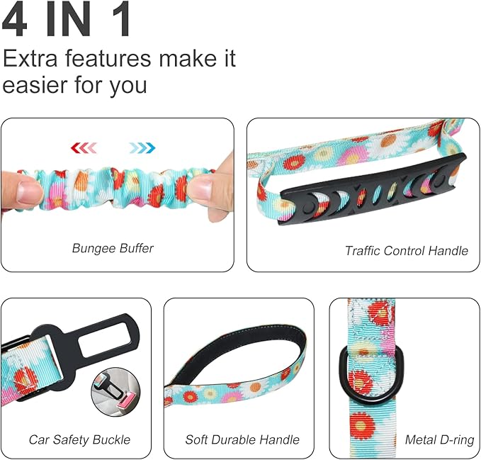 Hotsky Tactical Dog Leash Heavy Duty for Medium Large Dogs That Pull,4-6Ft Strong Bungee Shock Absorbing No Pull Dog Leash with Padded Double Handle and Car Seatbelt,Daisy