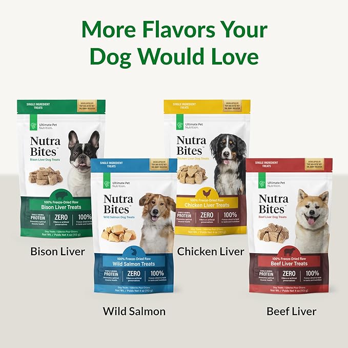ULTIMATE PET NUTRITION Nutra Bites Freeze Dried Raw Single Ingredient Training Treats Food Topper for Dogs, 4 Ounces, Bison Liver