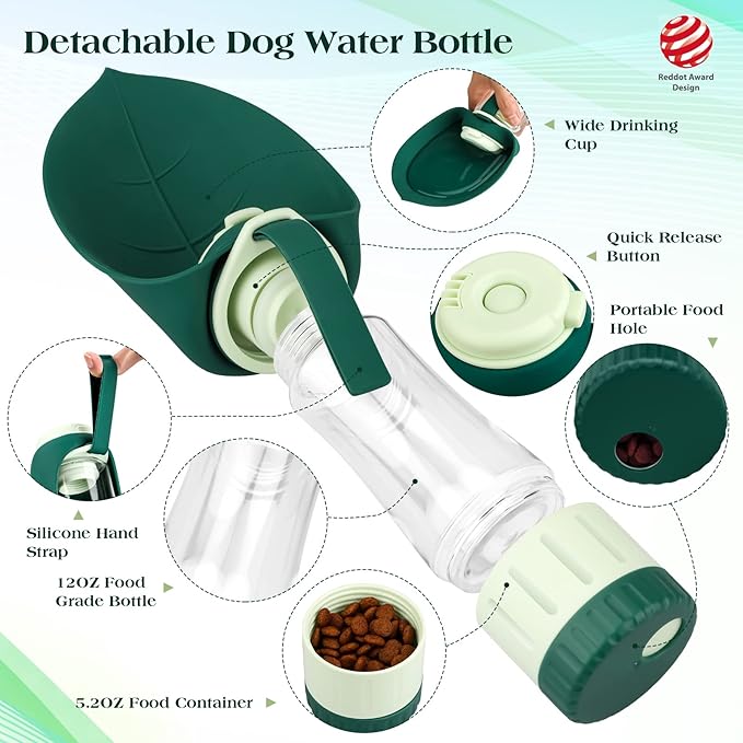 TIOVERY Upgraded Dog Water Bottle, Portable Dog Cat Puppy Pet Water Dispenser Feeder with Drinking Cup and Food Container Leak Proof for Outdoor Walking, Travel, Hiking 12OZ