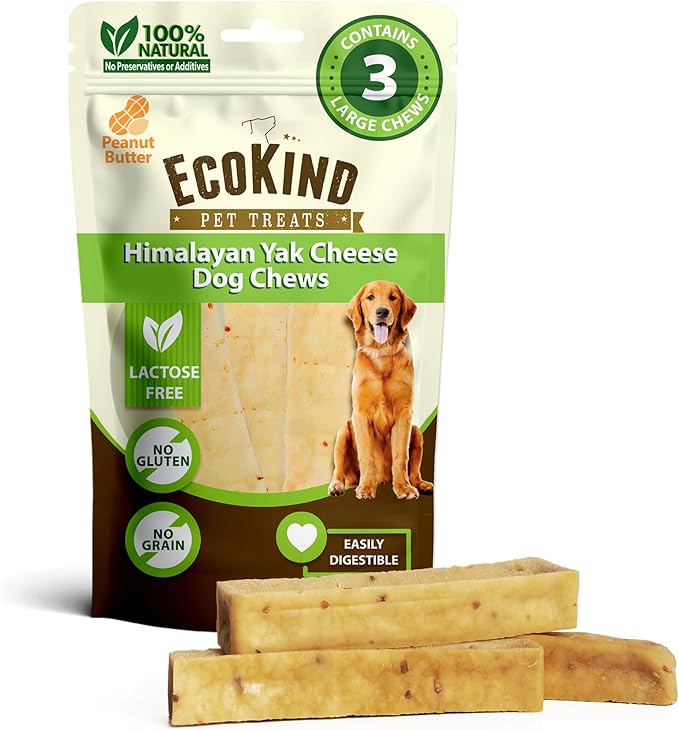 EcoKind Premium Gold Yak Cheese Himalayan Dog Chews, Dog Treats Large Breed, All Natural, High Protein Dog Chew, Peanut Butter, Large - 3 Chews