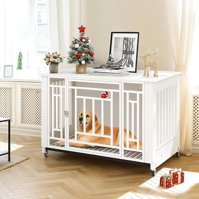 YITAHOME Dog Crate Furniture, Heavy Duty Dog Cage, Wooden Side End Table with Wheels, Chew-Resistant Metal Dog Kennel with Removable Tray, Dog House Indoor for Small Medium Dogs, White