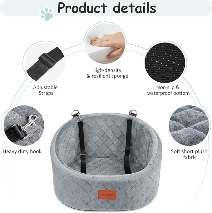 Dog Car Seat for Small Dogs Up to 30 Lbs,Ultra Soft Fabric Fill in Comfy Memory Foam,Happy Pet Ride,2 Safety Dog Leashes,Fully Detachable and Washable,Anti Slip Base(Grey)