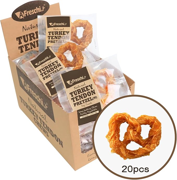 AFreschi Turkey Tendons for Dogs, USA-Sourced, Healthy Dog Treats, Rawhide-Free Puppy Chews, Long Lasting, All Natural, Hypoallergenic Dog Treats for Medium Breeds, 20 Count Box Pretzel (M)