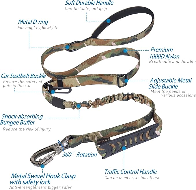 Hotsky Tactical Dog Leash Heavy Duty for Medium Large Dogs That Pull,4-6Ft Strong Bungee Shock Absorbing Military Dog Leash with Padded Double Handle and Car Seatbelt,Camo