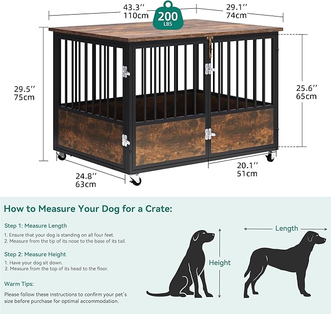 YITAHOME 43" Dog Crate Furniture with Wheels, Wooden Side End Table, Double-Doors Dog Kennel Indoor for Small/Medium/Large Dogs, Escape Proof Dog House Dog Cage, Rustic Brown