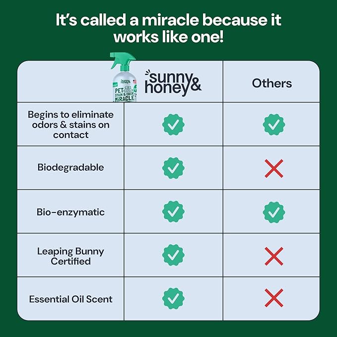 Sunny & Honey Pet Stain & Odor Miracle - Fast Acting Carpet Cleaner - Enzyme Spray for Carpets, Mattresses & Upholstery - Rug Shampoo - Dog Pee Cleaner & Surface Odor Remover (32 fl oz, Spring Mint)