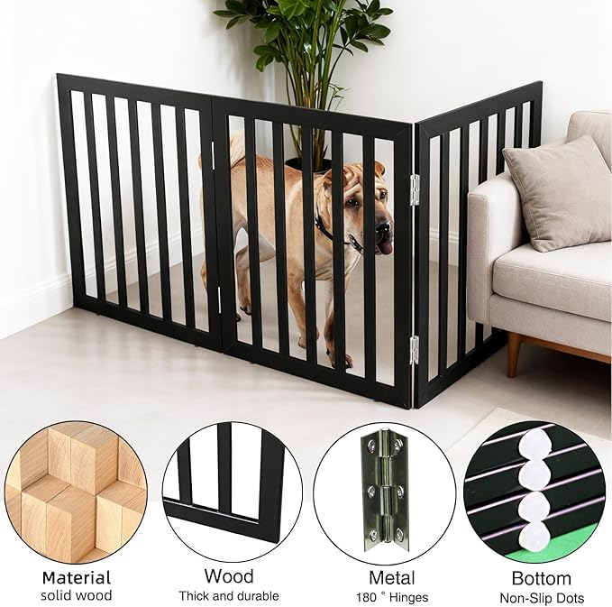 ZJSF Freestanding Indoor Dog Gate for House Foldable Wood Black Puppy Gate for Doorways Pet Gate for Stairs Extra Wide Pet Fence 32" Height 3 Panels