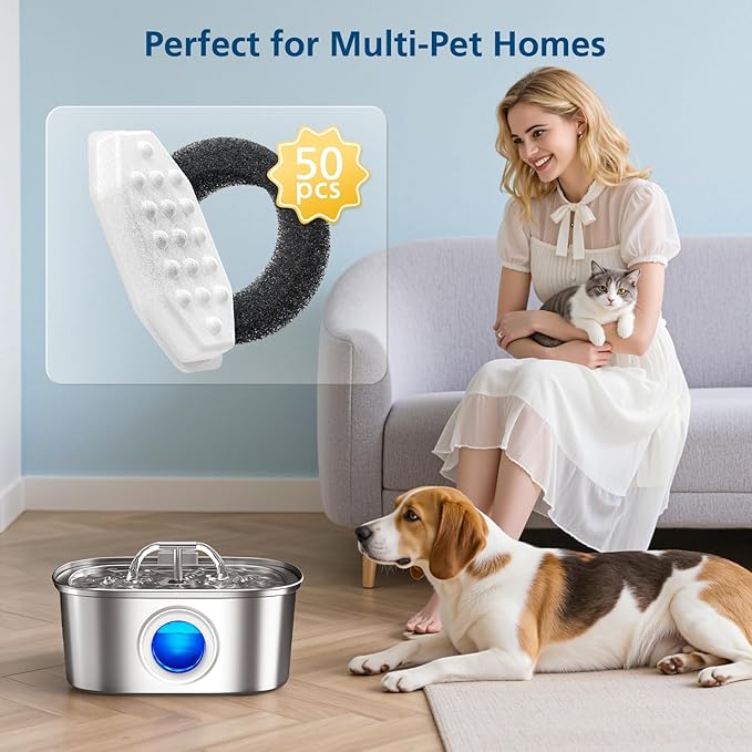 50 Pack Cat Fountain Replacement Filters for Rellaty & Neareal Stainless Steel 108oz/3.2L Adjustable Water Flow Pet Water Fountain(25 Filters & 25 Sponges)