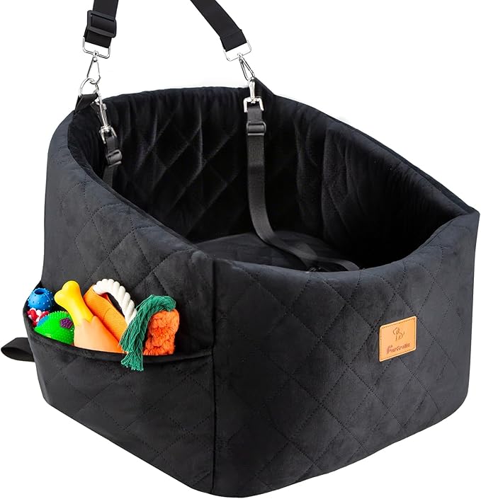 Dog Car Seat for Small Dogs, Memory Foam Dog Booster Car Seats with Thick Cushion for Dogs Under 30lbs, Detachable Washable Pet Travel Bed with Storage Pockets and 2 Safety Belt