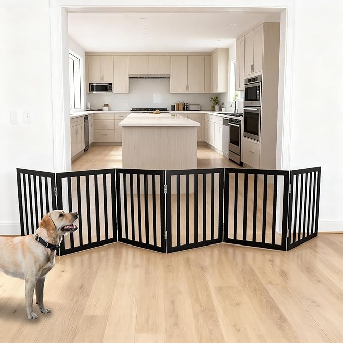 ZJSF Freestanding Indoor Dog Gate for House Foldable Wood Black Puppy Gate for Doorways Pet Gate for Stairs Extra Wide Pet Fence 24" Height 6 Panels