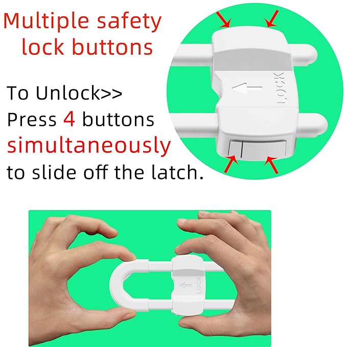 (10 pack white) 4 button Cabinet Locks, U-Shaped Proofing Drawers Safety Child Locks Adjustable, for Wardrobe,Kitchen,Bathroom,Drawer,Fridge,Cupboard Doors Knobs & Handles