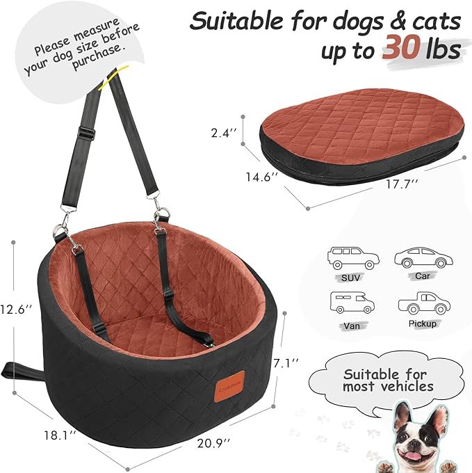 Dog Car Seat for Small Dogs Up to 30 Lbs,Ultra Soft Fabric Fill in Comfy Memory Foam,Happy Pet Ride,2 Safety Dog Leashes,Fully Detachable and Washable,Anti Slip Base (Black/Brown, Small)