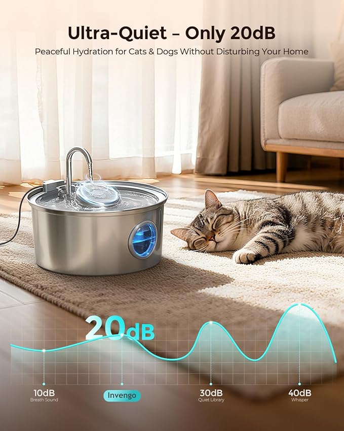 Cat Water Fountain Stainless Steel, 3.2L/108oz Pet Drinking Fountain for Cats Dogs, Automatic Cat Fountain with 2 Flow Modes, Splash-Proof Bowl