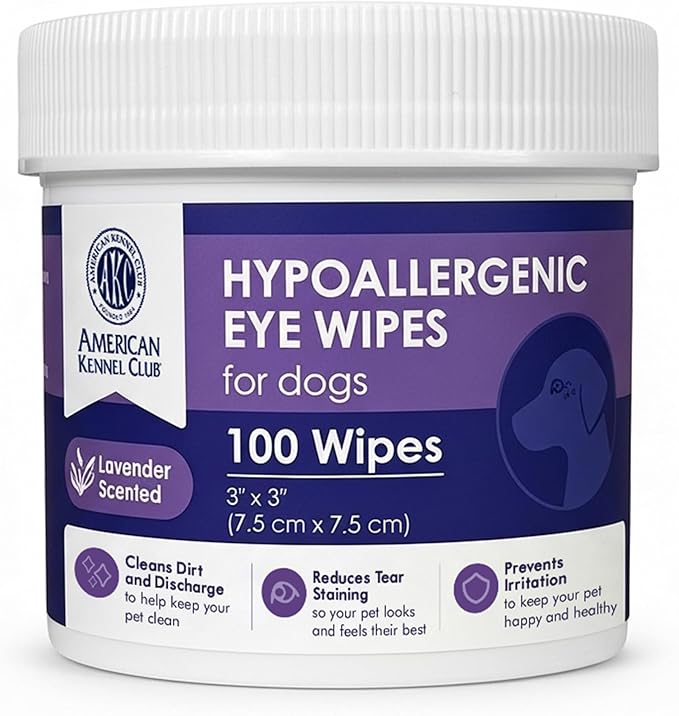American Kennel Club Pet Eye Wipes for Dogs & Cats – Tear Stain Remover & Eye Discharge Cleaner – Hypoallergenic Grooming Wipes, 100 Count (Lavender Scent)