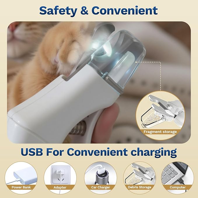 2-in-1 Dog & Cat Nail Clipper with Grinder - Dual Highlight LED Reduce Over-Trimming, Long Battery Cordless USB-C Rechargeable, Safety Lock & Catcher Cap, Quiet Home Grooming for Small Large Pets