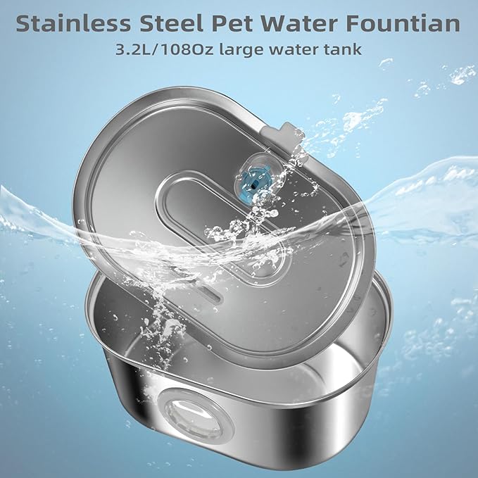 Cat Water Fountain Stainless Steel 3.2L/108oz Capacity, Automatic Pet Water Dispenser with Quiet Pump, and Dishwasher Safe Design for Cats, Dogs(Cat Fountain + 1 Filter + 1 Sponges)